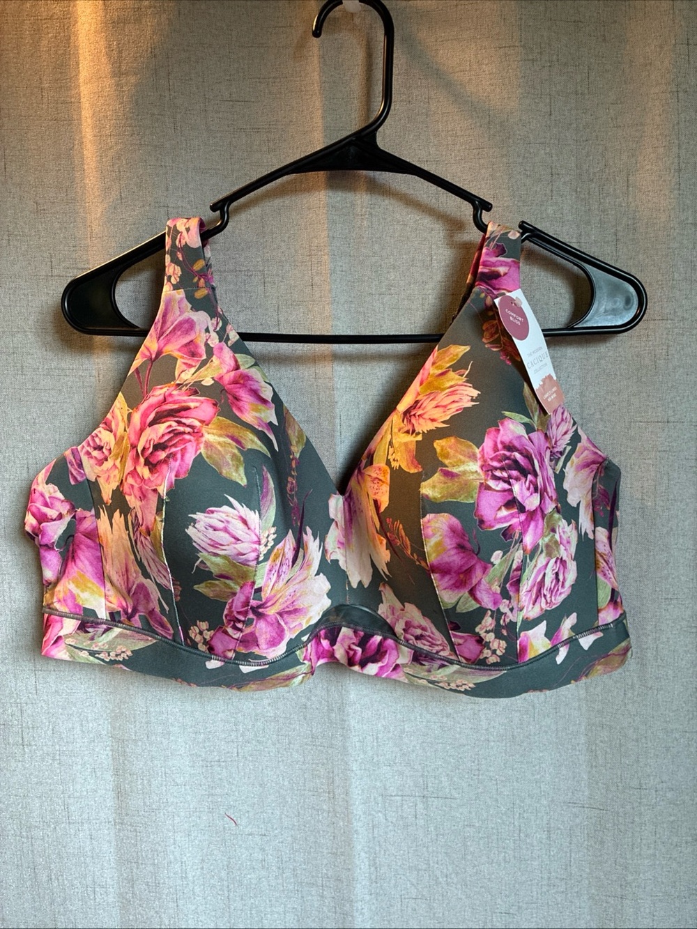 Lane Bryant Cacique Bra 46C Comfort Bliss Floral Grey Pink No Wire Lightly Lined
